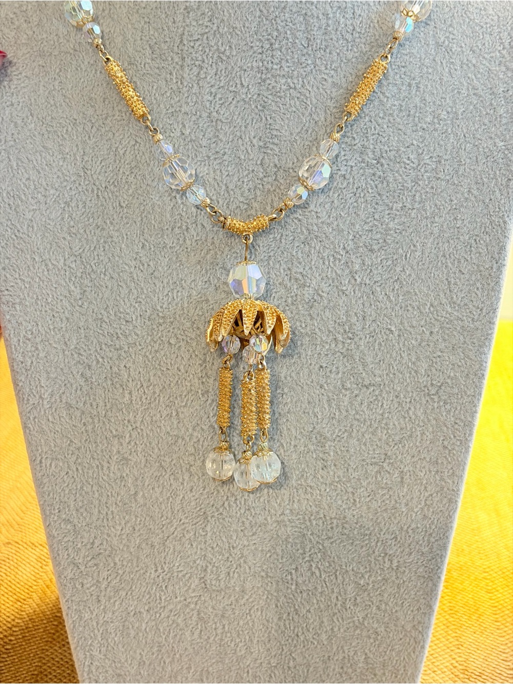 Vendome vintage AB crystal and gold tone pendant necklace